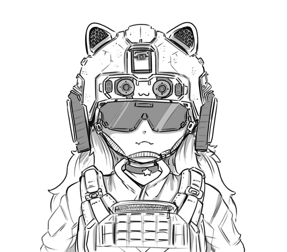 h@nk, original, 1girl, :3, animal ear headwear, black choker, body armor, bulletproof vest, choker, combat helmet, fake animal ears, helmet, load bearing vest, long hair, looking at viewer, military combat uniform, military operator, military uniform, monochrome, night vision device, smile, solo, tactical clothes, white background
