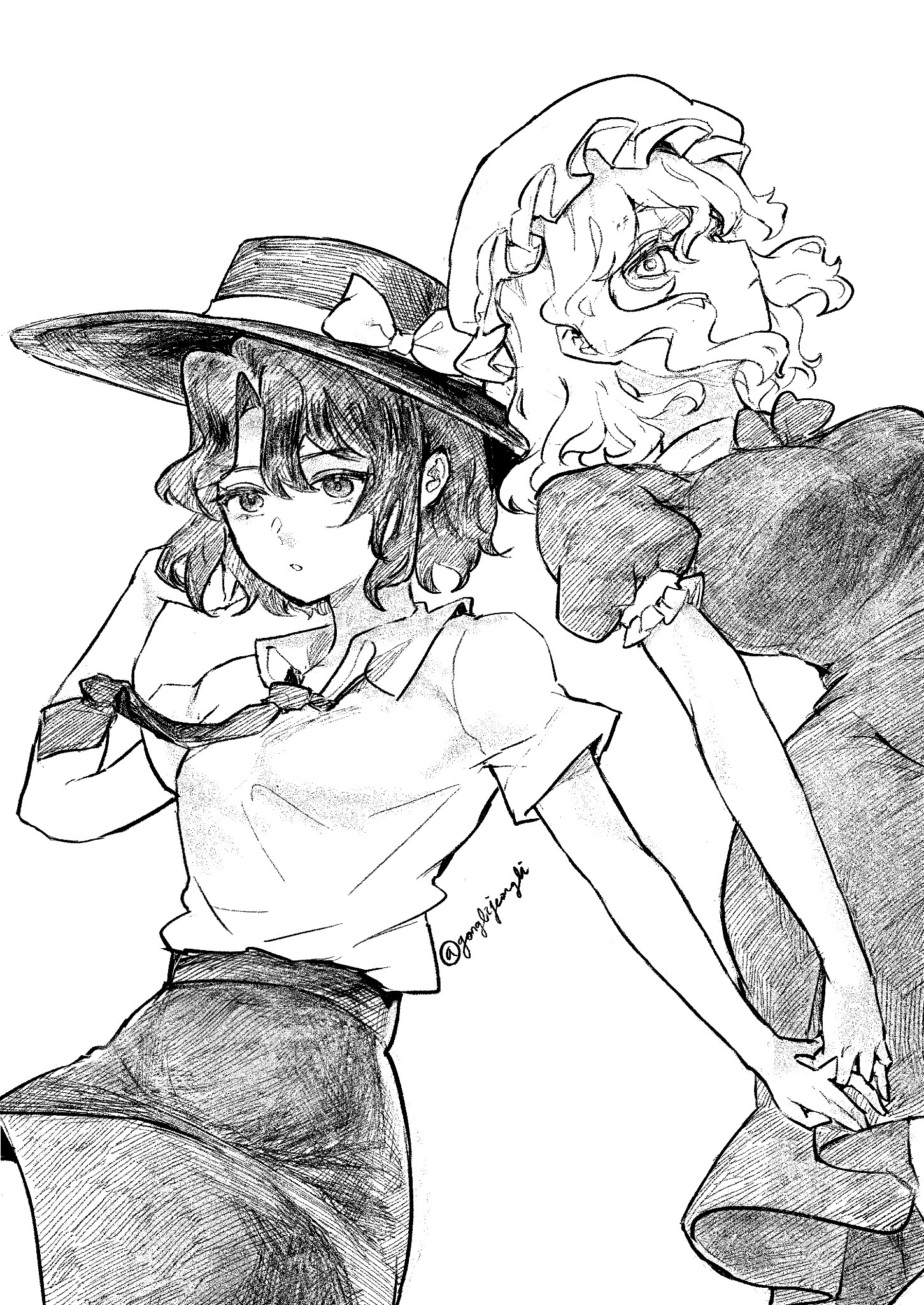gonglijeongli, maribel hearn, usami renko, touhou, hashtag-only commentary, highres, 2girls, :o, breasts, closed mouth, dress, expressionless, hat, holding hands, medium breasts, mob cap, monochrome, multiple girls, necktie, parted lips, shirt, short sleeves, skirt, small breasts, twitter username