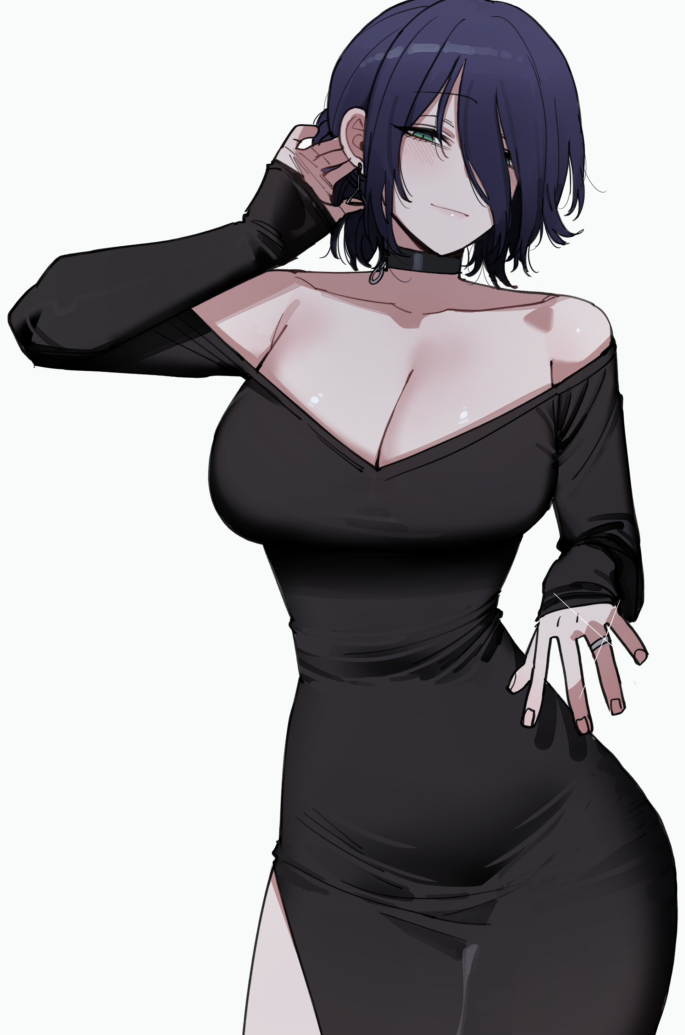ratatatat74, reze (chainsaw man), chainsaw man, absurdres, highres, 1girl, bare shoulders, black choker, black dress, blue hair, breasts, choker, cleavage, closed mouth, collarbone, dress, earrings, glint, green eyes, jewelry, large breasts, looking at viewer, ring, simple background, solo, white background