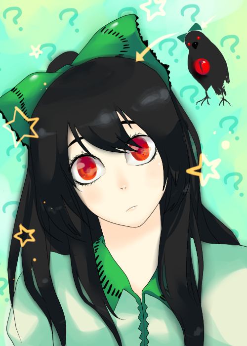 hachimillion, reiuji utsuho, reiuji utsuho (bird), touhou, source request, 1girl, ?, bird, black hair, crow, female focus, head tilt, long hair, red eyes, ribbon, solo, star (symbol)