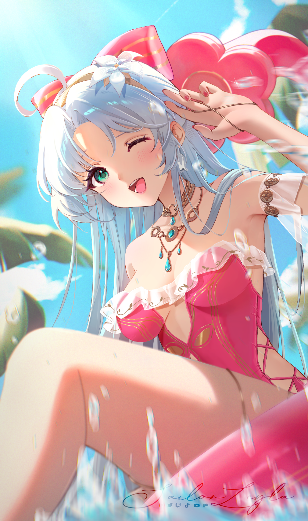 sailorleyla, carlotta (splashing summer) (wuthering waves), carlotta (wuthering waves), wuthering waves, commentary, english commentary, highres, 1girl, ahoge, aqua eyes, bare shoulders, blue sky, bow, breasts, casual one-piece swimsuit, day, earrings, fingernails, flower, frilled one-piece swimsuit, frills, grey hair, hair bow, hair flower, hair ornament, hand up, jewelry, long hair, looking at viewer, medium breasts, necklace, off-shoulder one-piece swimsuit, off shoulder, official alternate costume, one-piece swimsuit, one eye closed, open mouth, outdoors, pink bow, pink one-piece swimsuit, signature, sky, smile, solo, swimsuit, thighs, white flower