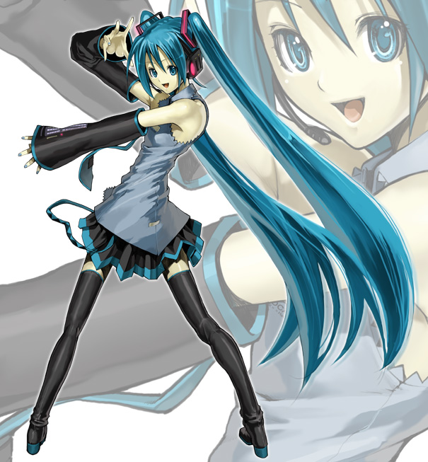 nakabayashi reimei, hatsune miku, vocaloid, 1girl, bare shoulders, blue hair, blue nails, boots, detached sleeves, female focus, long hair, nail polish, open mouth, outstretched arm, smile, solo, thigh boots, thighhighs, twintails, very long hair, zettai ryouiki, zoom layer