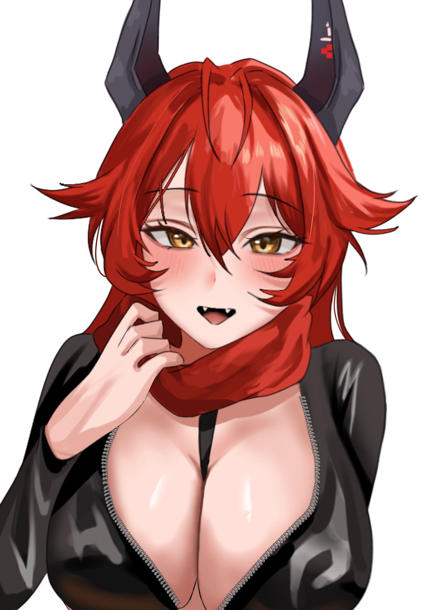 red hood (nikke), goddess of victory: nikke, highres, antenna hair, blush, breasts, cleavage, clothes grab, fangs, horns, jacket, large breasts, leather, leather jacket, long hair, looking at viewer, neckwear grab, open mouth, pulling own clothes, red hair, red scarf, scarf, scarf grab, tato0324iti, yellow eyes