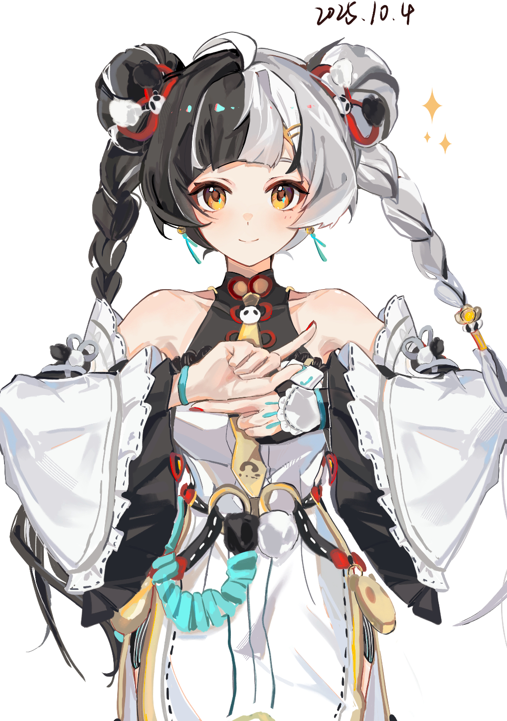 zenless zone zero, highres, 1girl, bare shoulders, black hair, blush, braid, breasts, dated, detached sleeves, dialyn (zenless zone zero), dress, jewelry, long hair, looking at viewer, medium breasts, multicolored hair, red nails, solo, sparkle, split-color hair, white hair, yan jin ashes, yellow eyes