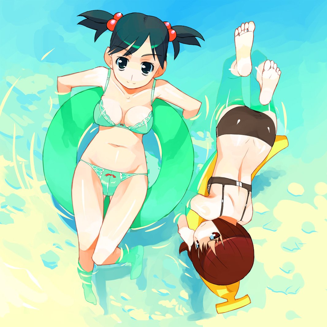 ryuuta, ryuuta (msxtr), original, 2girls, banana, banana boat, barefoot, bra, breasts, brown eyes, brown hair, feet, food, fruit, green eyes, green hair, innertube, lingerie, medium breasts, multiple girls, on banana, panties, partially submerged, soaking feet, soles, swim ring, twintails, underwear, underwear only, water