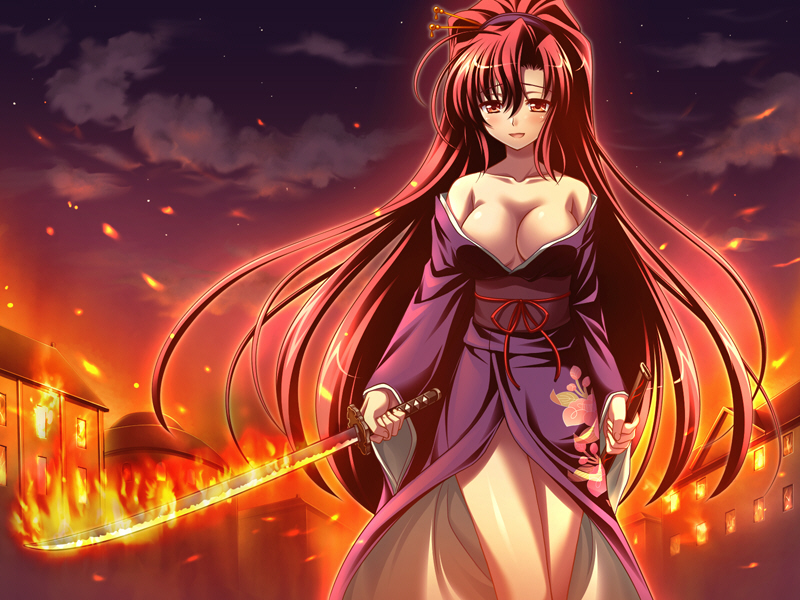 engage links, game cg, non-web source, source request, 1girl, bare shoulders, breasts, cleavage, female focus, fire, holding, japanese clothes, katana, kimono, long hair, no bra, off shoulder, ponytail, red eyes, red hair, shizuha (engage links), smile, solo, sword, weapon