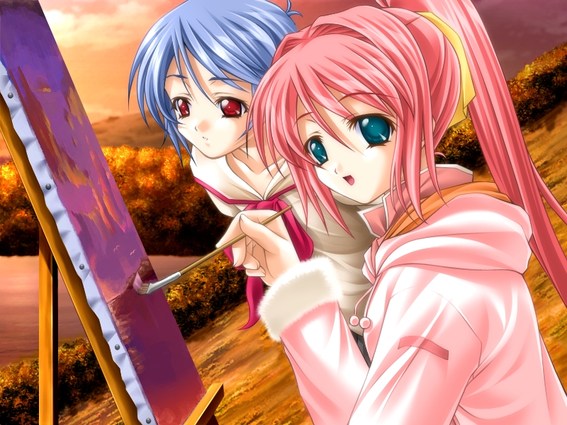 masaharu, senomoto hisashi, kirishima ema, tsutsumi ao, tokidoki sugar, game cg, non-web source, 2girls, art brush, blue eyes, blue hair, canvas (object), dutch angle, easel, green eyes, hood, hoodie, long hair, multiple girls, outdoors, paintbrush, painting (action), pink hair, ponytail, red eyes, school uniform, short hair, sunset