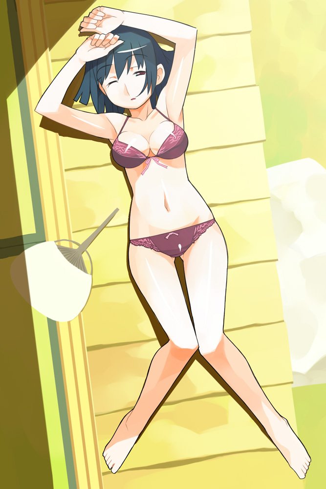 ryuuta, ryuuta (msxtr), original, 1girl, armpits, arms up, bare shoulders, barefoot, bra, breasts, cleavage, feet, female focus, from above, full body, green hair, hand fan, knees together feet apart, lingerie, lying, navel, on back, one eye closed, panties, paper fan, purple eyes, short hair, sleepy, solo, summer, sunlight, tatami, thigh gap, thighs, uchiwa, underwear, underwear only, veranda, wince, wink