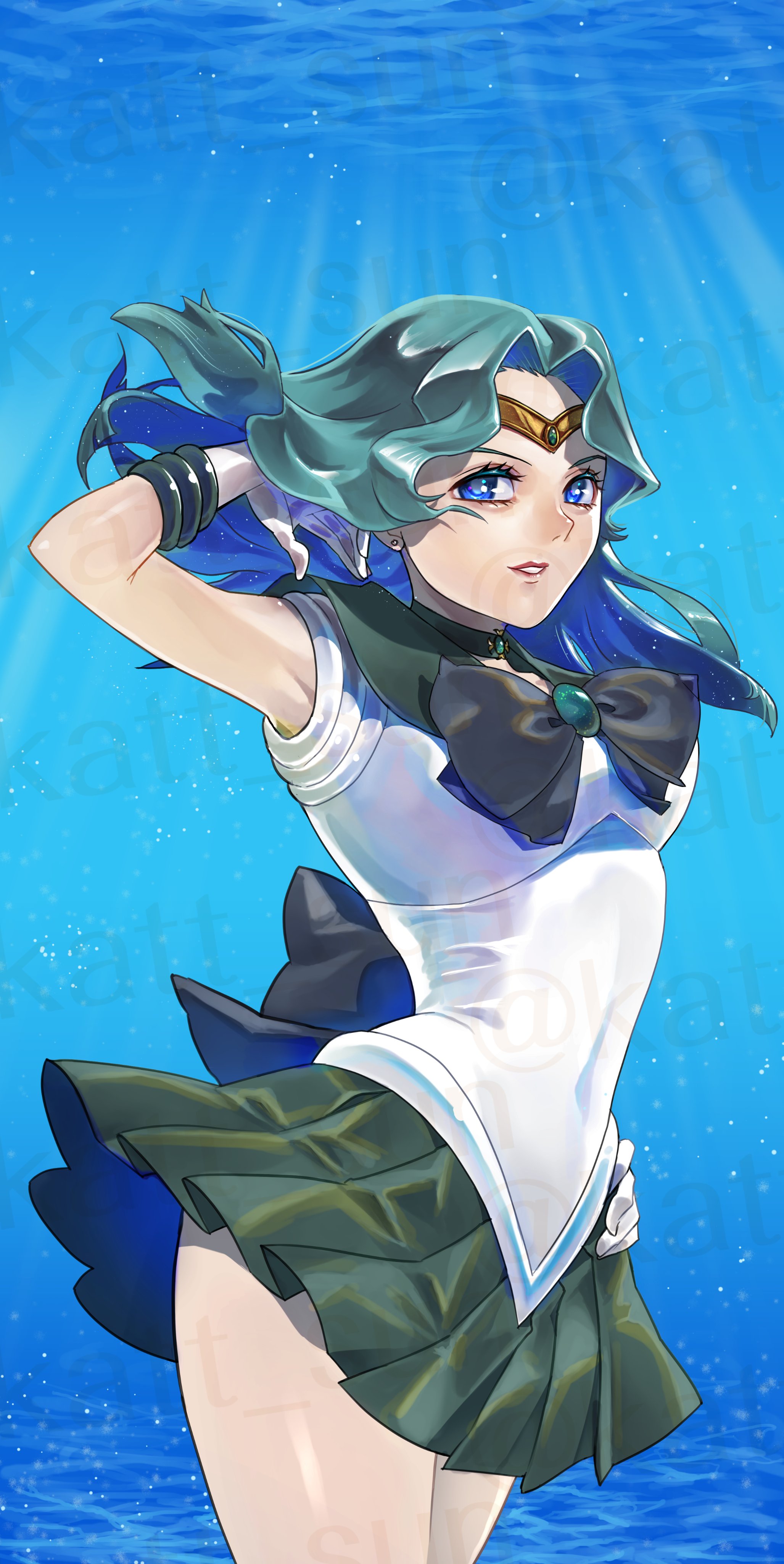 katt sun, kaiou michiru, sailor neptune, bishoujo senshi sailor moon, absurdres, highres, aqua hair, aqua sailor collar, aqua skirt, blue choker, bow, breasts, brooch, choker, cowboy shot, gloves, green hair, jewelry, long hair, magical girl, medium breasts, outer senshi, sailor collar, sailor senshi, skirt, smile, sunlight, underwater, watermark, white gloves
