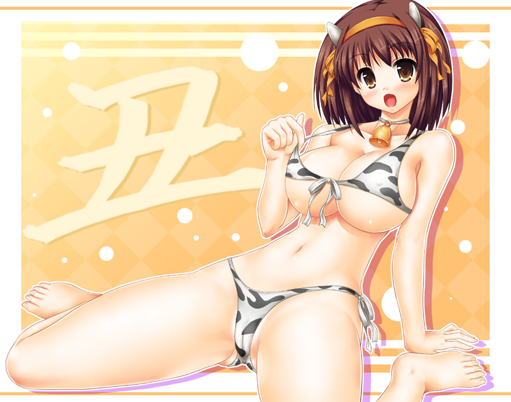 uehiro, suzumiya haruhi, suzumiya haruhi no yuuutsu, 00s, 1girl, 2009, alternate breast size (larger), animal costume, animal print, barefoot, bell, bikini, blush, breasts, brown eyes, brown hair, cameltoe, choker, cleavage, cow costume, cow girl, cow print, female focus, front-tie top, hairband, horns, large breasts, micro bikini, new year, open mouth, short hair, side-tie bikini bottom, solo, string bikini, swimsuit, underboob