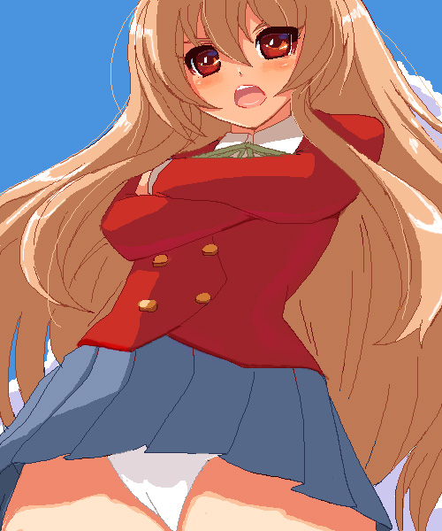 miyamoto issa, aisaka taiga, toradora!, 00s, 1girl, blush, brown eyes, brown hair, crossed arms, female focus, long hair, oekaki, panties, pantyshot, school uniform, skirt, solo, underwear