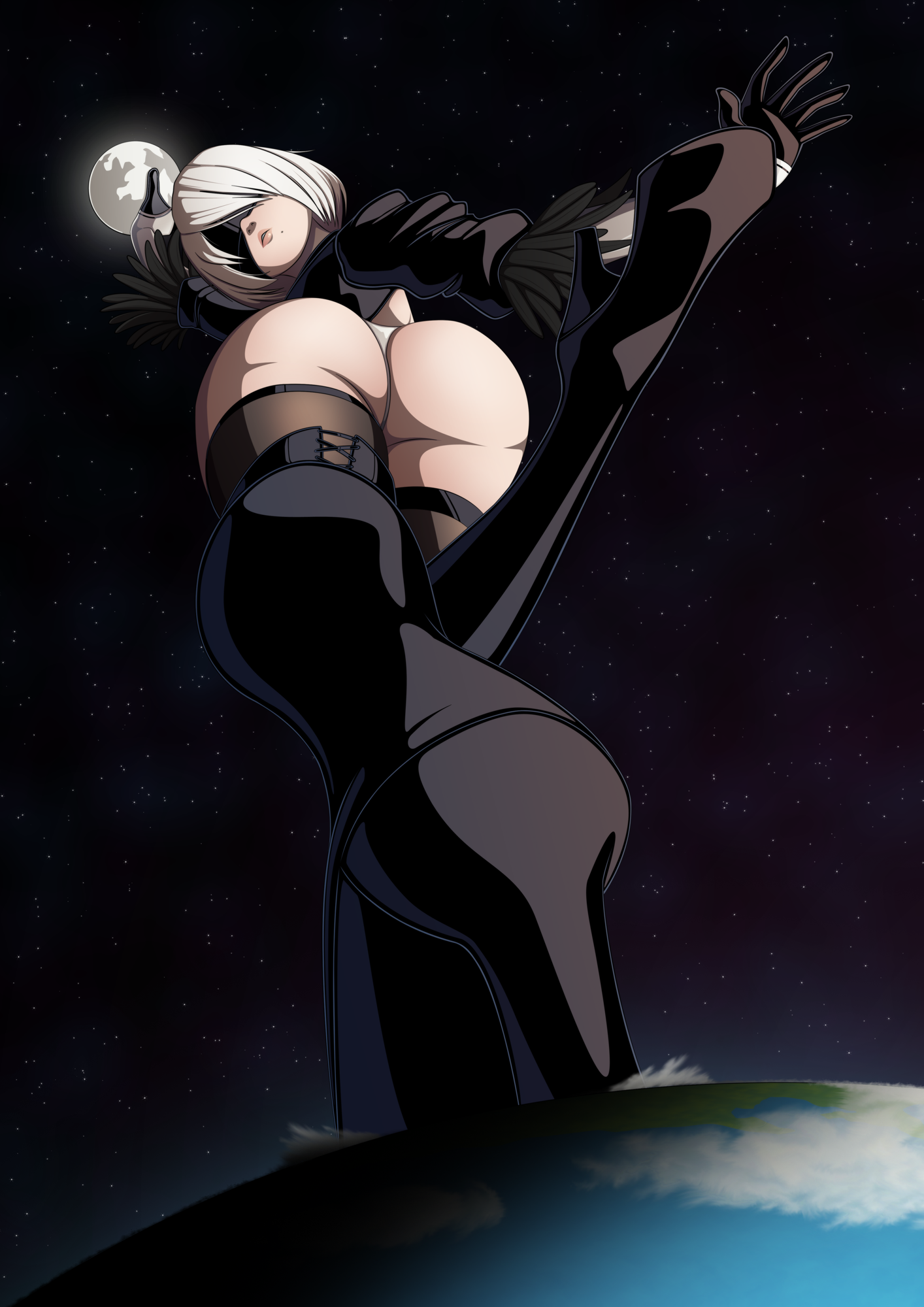 ravenravenraven, 2b (nier:automata), nier:automata, nier (series), highres, 1girl, ass, blindfold, boots, earth (planet), female focus, full body, giant, giantess, gloves, lips, mole, mole under mouth, moon, planet, short hair, solo, thigh boots, thighhighs, white hair