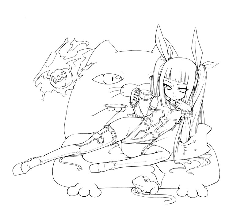 homura subaru, george xiii, gii, nago, rachel alucard, arc system works, blazblue, original, cat, flat chest, frilled thighhighs, frills, greyscale, monochrome, ribbon, tea, thighhighs