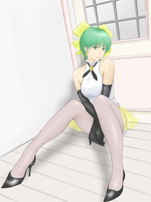 eau, kazuki mai, magical emi, mahou no star magical emi, derivative work, 1girl, bow, elbow gloves, female focus, gloves, green eyes, green hair, high heels, matching hair/eyes, pantyhose, sitting, solo, yellow bow