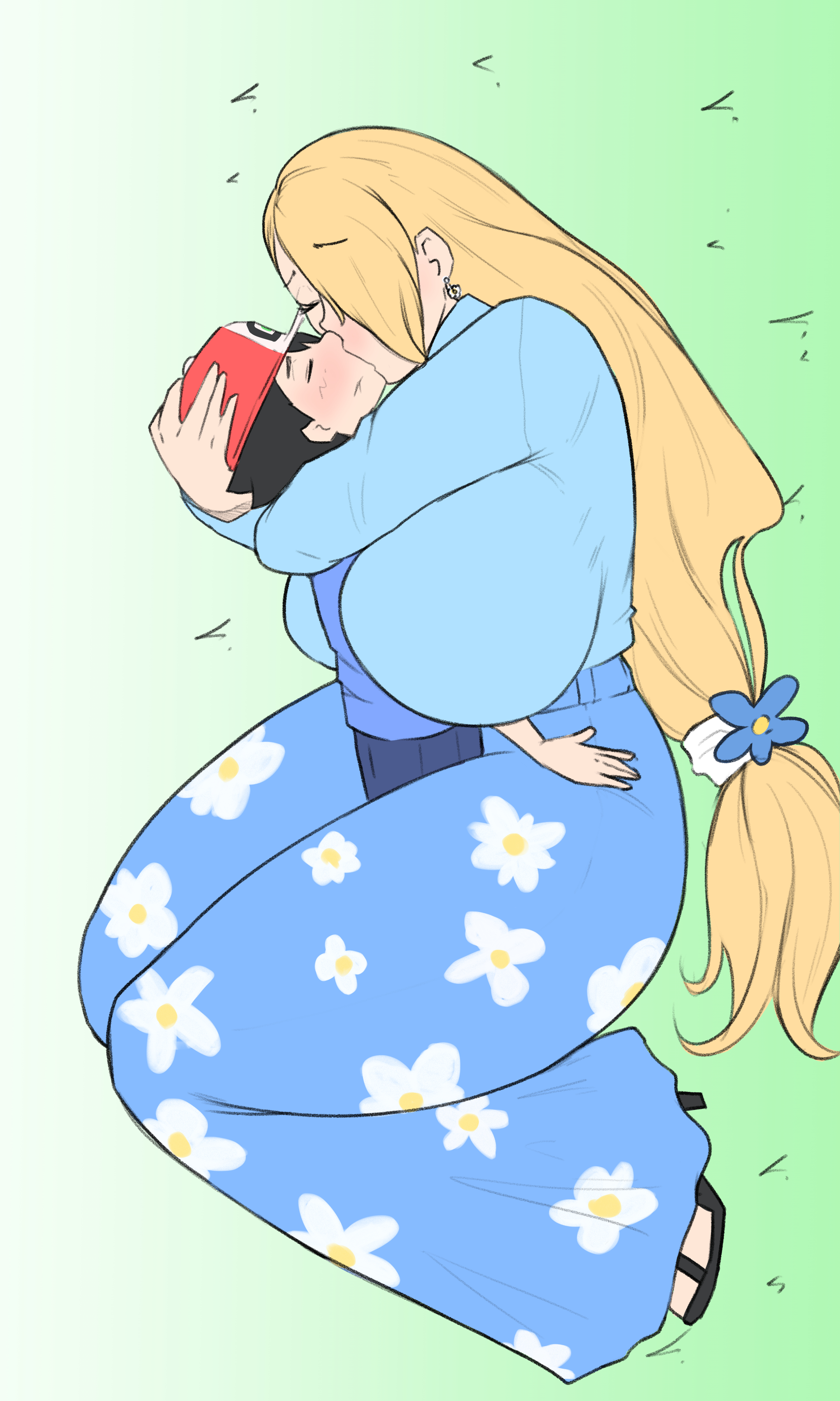 hannyasan, ash ketchum, nintendo, original, pokemon, 1boy, 1girl, age difference, blonde hair, blue shirt, blue skirt, breasts, closed eyes, hug, huge breasts, kiss, long hair, onee-shota, shirt, size difference, skirt, thick thighs, thighs