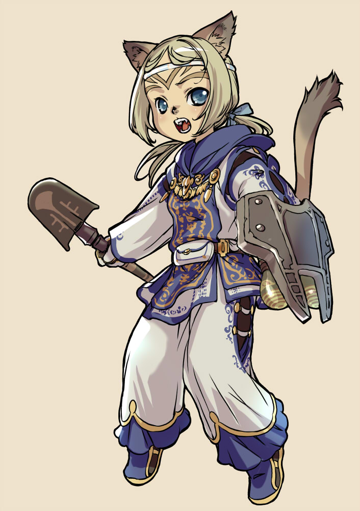 branch (blackrabbits), mithra (ff11), white mage (final fantasy), final fantasy, final fantasy xi, bad id, bad pixiv id, 00s, 1girl, animal ears, blonde hair, blue eyes, circlet, fangs, female focus, full body, mace, shield, short hair, simple background, solo, surcoat, tail, weapon