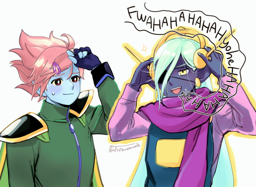 4747moonwalk, captain spaceboy, rococo (omori), omori, 2boys, :d, adjusting headphones, arm at side, arm up, armor, blue overalls, blue skin, borrowed clothes, bright pupils, closed mouth, colored skin, earrings, eyepatch, fang, fingerless gloves, fingernails, gloves, green hair, green jacket, green nails, hair behind ear, hair between eyes, hair ornament, hairclip, hand on own forehead, hands up, headphones, jacket, jewelry, laughing, long hair, long sleeves, looking at another, male focus, multiple boys, nail polish, one eye covered, open mouth, outline, overalls, pink shirt, purple gloves, purple scarf, purple skin, red eyes, red hair, scarf, shirt, short hair, shoulder armor, simple background, smile, sweatdrop, swept bangs, teeth, turtleneck, turtleneck jacket, twitter username, upper body, upper teeth only, very long hair, white background, white pupils, yellow eyes, yellow outline