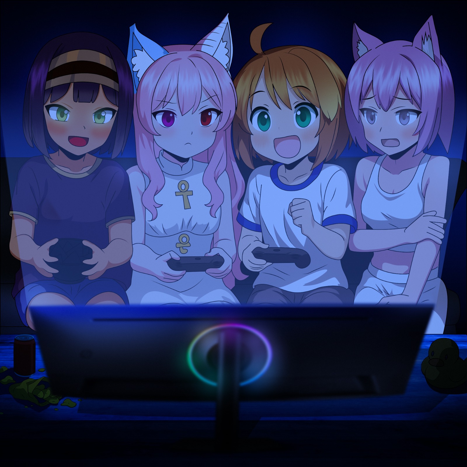caar benziman, astarte (surio), meiko (inuarashi), sorbet (hotel01), original, commentary, english commentary, highres, second-party source, 4girls, ahoge, akemi the kitten (character), animal ear fluff, animal ears, borrowed character, breasts, brown hair, closed mouth, controller, crop top, dark-skinned female, dark skin, flat chest, green eyes, hair between eyes, hairband, holding, holding controller, indoors, medium breasts, midriff, multiple girls, open mouth, playing games, purple eyes, purple hair, red eyes, shirt, short sleeves, t-shirt, tank top