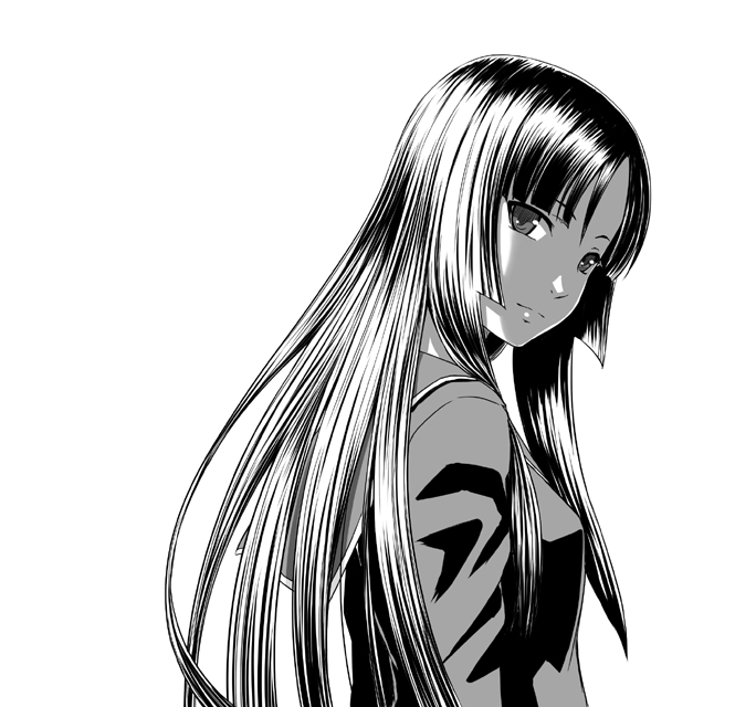 minazuki tsuyuha, isayama yomi, ga-rei, ga-rei zero, 00s, blunt bangs, greyscale, hime cut, long hair, looking back, monochrome, solo