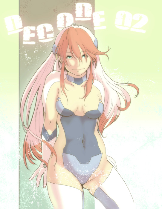 okazuwa shake, birdy cephon altera, tetsuwan birdy, tetsuwan birdy decode, 00s, 1girl, breasts, colored bangs, female focus, gloves, green eyes, leotard, long hair, looking at viewer, medium breasts, multicolored hair, orange hair, smile, solo, thighhighs, white thighhighs