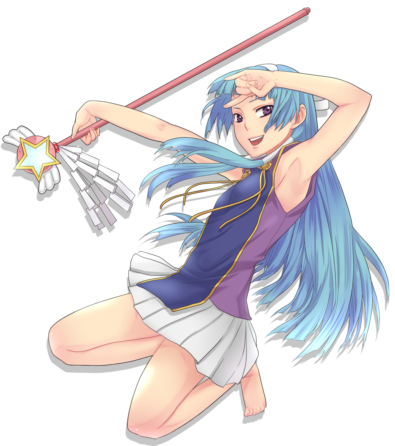 nayu, nagi, kannagi, bad id, bad pixiv id, highres, 00s, 1girl, n/, armpits, barefoot, blue hair, blunt bangs, female focus, flat chest, hairband, long hair, m/, pleated skirt, purple eyes, skirt, solo, wand, white skirt