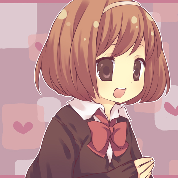 maki (natoriumu), maki (pixiv), original, bad id, bad pixiv id, 1girl, bow, bowtie, brown eyes, brown hair, female focus, hairband, happy, heart, long sleeves, open mouth, short hair, simple background, sleeves past wrists, smile, solo, sweater, upper body