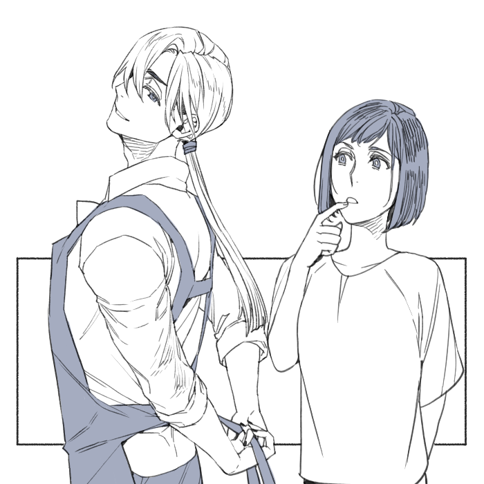 hiryuu (kugelcruor), shimizu hinako, silent hill (series), silent hill f, 1boy, 1girl, apron, arm behind back, arms behind back, black hair, breasts, collared shirt, finger to mouth, fox mask, greyscale, hair between eyes, hair over one eye, hair tie, light smile, long hair, looking at another, low ponytail, mask, medium breasts, monochrome, parted lips, ponytail, shirt, short hair, sleeves rolled up, t-shirt, tying apron, upper body, white background, white hair, white shirt