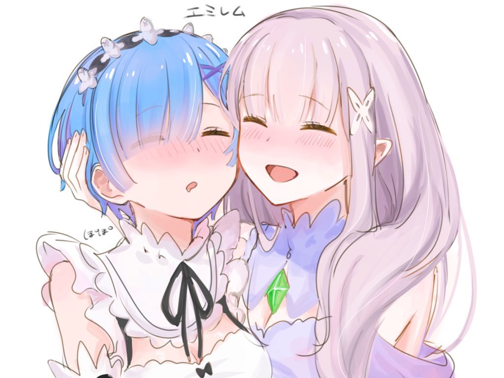 emilia (re:zero), rem (re:zero), re:zero kara hajimeru isekai seikatsu, 2girls, alcohol, blue dress, blue hair, blush, closed eyes, dress, hair ornament, holding, long hair, maid, maid headdress, multiple girls, open mouth, popo01512, roswaal mansion maid uniform, smile, very long hair, white background, white hair