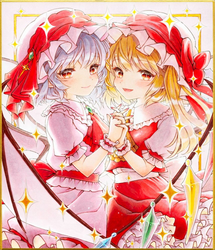 flandre scarlet, remilia scarlet, touhou, commentary request, traditional media, 2girls, ascot, bat wings, blonde hair, blue hair, blush, bow, closed mouth, collared shirt, crystal, crystal wings, fangs, frilled shirt collar, frilled skirt, frills, hat, hat bow, holding hands, interlocked fingers, looking at viewer, mob cap, multicolored wings, multiple girls, one side up, open mouth, pink hat, pink shirt, pink skirt, puffy short sleeves, puffy sleeves, red ascot, red bow, red eyes, red skirt, red vest, s.mamiya, shirt, short sleeves, siblings, sisters, skirt, skirt set, slit pupils, smile, vest, white hat, white shirt, wings, wrist cuffs, yellow ascot