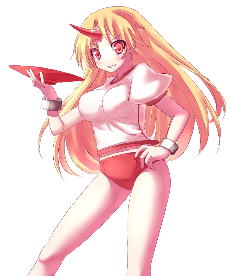 hiraga matsuri, hirasato, hoshiguma yuugi, touhou, 1girl, alternate costume, buruma, cup, female focus, gym uniform, horns, impossible clothes, impossible shirt, sakazuki, shirt, single horn, solo