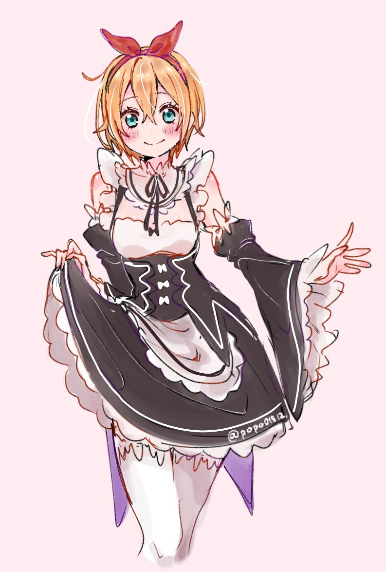 petra leyte, re:zero kara hajimeru isekai seikatsu, black dress, blush, dress, green eyes, holding, long sleeves, maid, pink background, popo01512, red hair, roswaal mansion maid uniform, short hair, sketch, smile, thighhighs, white thighhighs
