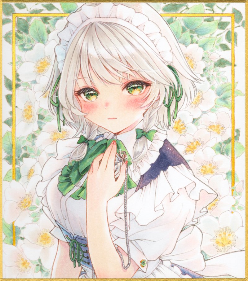 izayoi sakuya, touhou, commentary request, flower request, traditional media, 1girl, apron, blue corset, blush, bow, bowtie, braid, closed mouth, corset, flower, green bow, green bowtie, green eyes, grey hair, hair bow, long hair, looking at viewer, maid, maid headdress, pocket watch, puffy short sleeves, puffy sleeves, red nails, s.mamiya, short sleeves, solo, twin braids, waist apron, watch, white apron, white flower