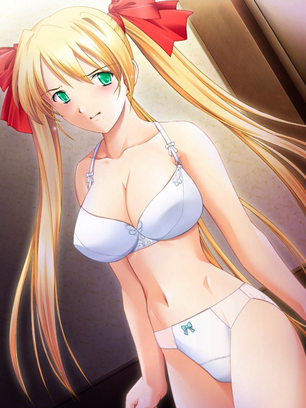 ribahara aki, akehime saki, ail soft, kyouhaku 2, game cg, non-web source, 1girl, blonde hair, blush, bow, bow panties, bra, breasts, cleavage, dutch angle, female focus, green eyes, large breasts, lingerie, long hair, panties, solo, twintails, underwear, underwear only, white bra, white panties