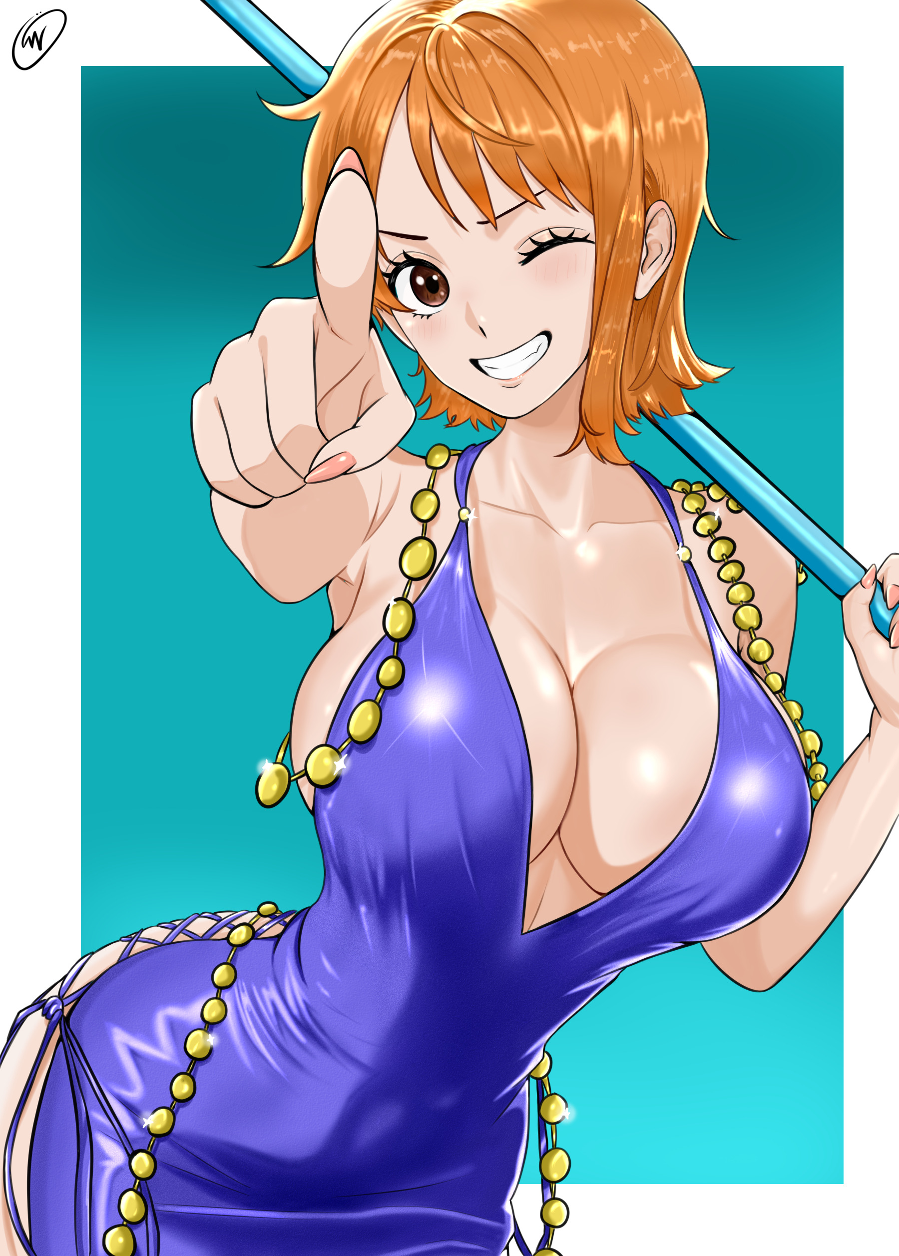 waifuviolenta, nami (one piece), one piece, absurdres, highres, 1girl, blue dress, breasts, brown eyes, cleavage, collarbone, dress, grin, holding, holding staff, index finger raised, large breasts, one eye closed, orange hair, plunging neckline, pointing, pointing at viewer, short hair, smile, solo, staff