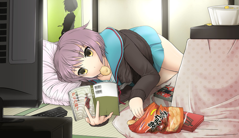 mk (mod0), nagato yuki, suzumiya haruhi no yuuutsu, 00s, 1girl, book, cardigan, chips (food), controller, female focus, food, kotatsu, mouth hold, open book, pocky, potato chips, purple hair, reading, remote control, school uniform, serafuku, short hair, snack, solo, table