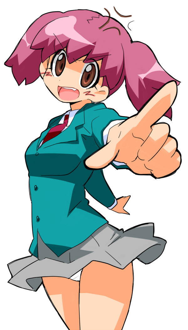 akata itsuki, hinata natsumi, keroro gunsou, angry, blazer, brown eyes, jacket, panties, pointing, school uniform, solo, twintails, underwear, white panties