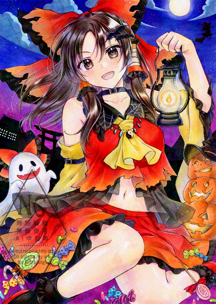 alto2019, hakurei reimu, kirisame marisa, touhou, commentary request, highres, traditional media, 2girls, ascot, bare shoulders, black socks, blush, bow, broom, broom riding, brown eyes, brown hair, choker, cloud, collarbone, detached sleeves, frills, ghost, gradient bow, gradient clothes, gradient shirt, gradient skirt, gradient sky, hair tubes, hakurei shrine, halloween, halloween costume, holding, holding lantern, lantern, long hair, moon, multiple girls, navel, night, night sky, open mouth, orange bow, orange shirt, orange skirt, pumpkin, red bow, red shirt, red shoes, red skirt, sample watermark, shirt, shoes, skirt, sky, sleeveless, sleeveless shirt, smile, socks, torii, watermark, yellow ascot