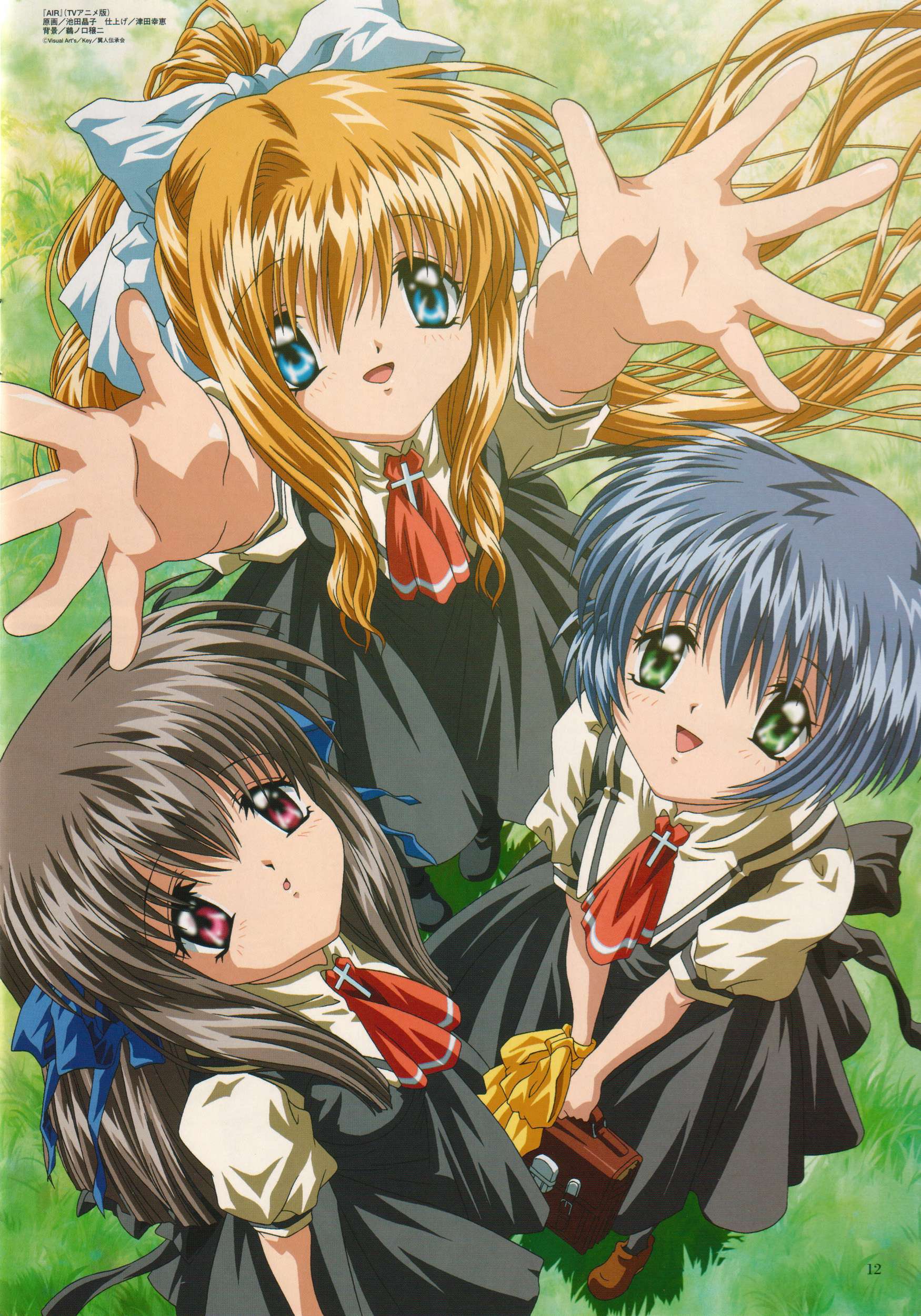 kamio misuzu, kirishima kano, toono minagi, air (visual novel), absurdres, highres, scan, 00s, 3girls, blonde hair, blue eyes, blue hair, brown hair, green eyes, hair ribbon, long hair, multiple girls, red eyes, ribbon, school uniform, short hair