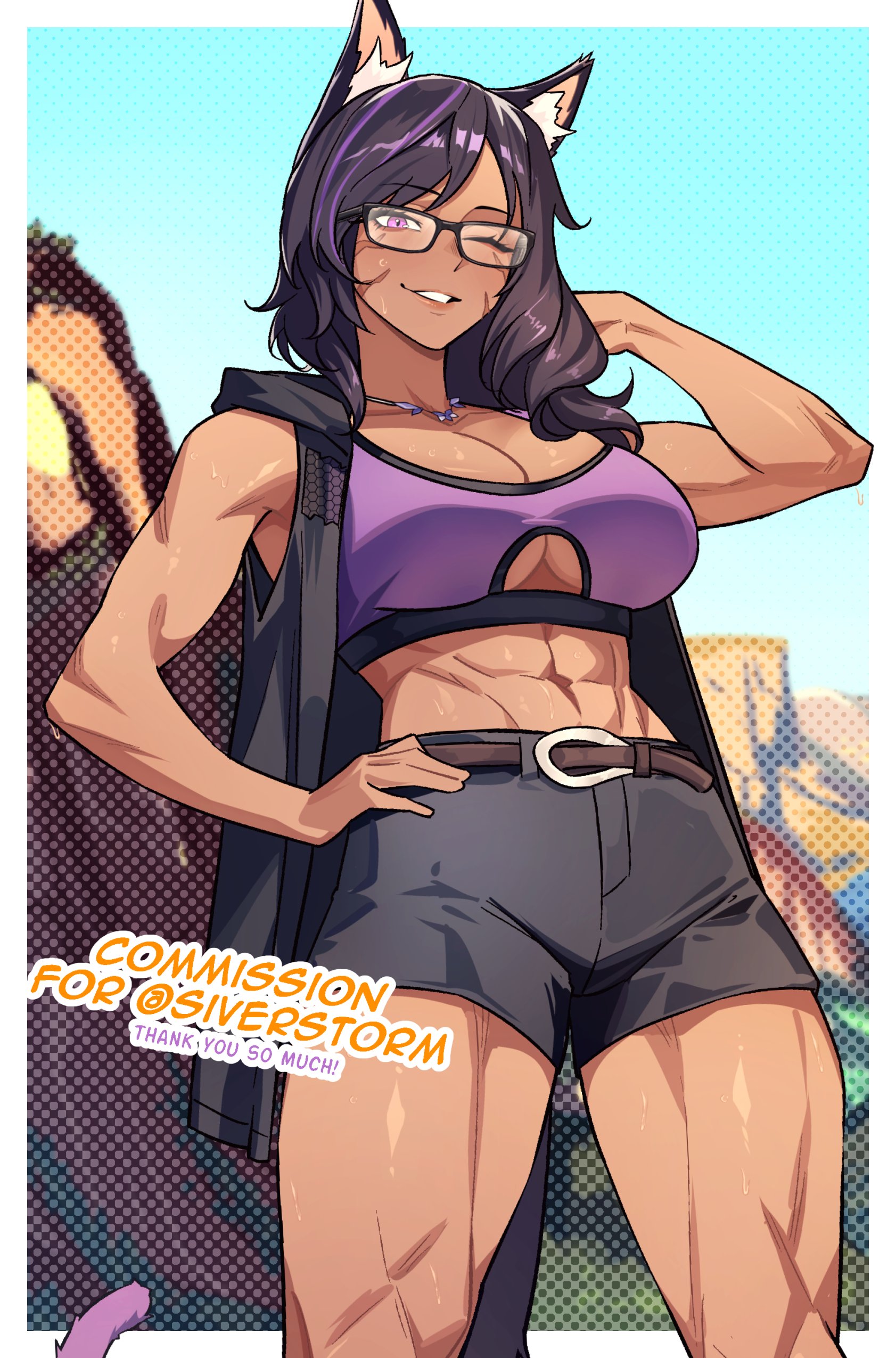 nokaa aru, vivian grimelka (siverstorm), warrior of light (ff14), final fantasy, final fantasy xiv, original, absurdres, commentary, commission, english commentary, highres, 1girl, abs, animal ear fluff, bare arms, belt, black-framed eyewear, black hair, black jacket, breasts, cat girl, cat tail, cleavage, clothing cutout, commissioner name, cowboy shot, facial mark, glasses, grey shorts, hand on own hip, hand up, jacket, jewelry, large breasts, long hair, midriff, miqo'te, multicolored hair, necklace, one eye closed, open clothes, open jacket, outdoors, parted bangs, parted lips, purple eyes, purple sports bra, purple streaks, purple tail, shorts, sleeveless, sleeveless jacket, smile, solo, sports bra, standing, streaked hair, tail, thank you, toned, toned female, underboob cutout, whisker markings