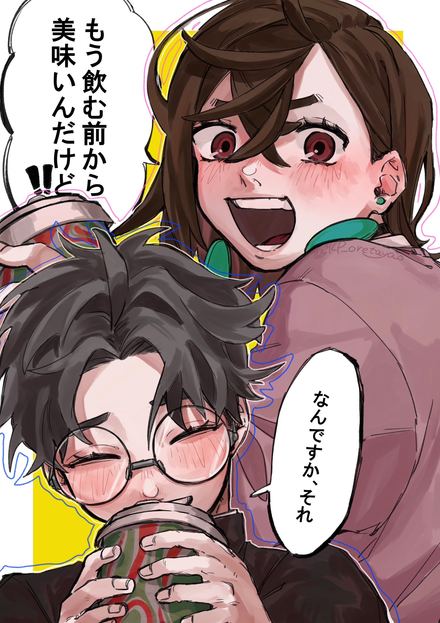 kp oretayao, ayase momo, takakura ken (dandadan), dandadan, highres, 1boy, 1girl, black choker, black hair, black jacket, blush, border, brown eyes, brown hair, choker, closed eyes, crossed bangs, cup, disposable coffee cup, disposable cup, earrings, gakuran, glasses, hair between eyes, holding, holding cup, jacket, jewelry, medium hair, open mouth, parted bangs, pink shirt, round eyewear, school uniform, shirt, shirt under sweater, short hair, smile, upper body, white border, white shirt, yellow background