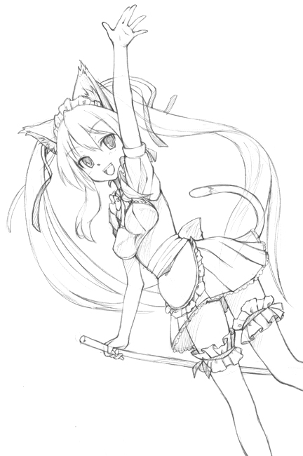 oryo (oryo04), original, tagme, animal ears, cat ears, greyscale, maid, monochrome, solo