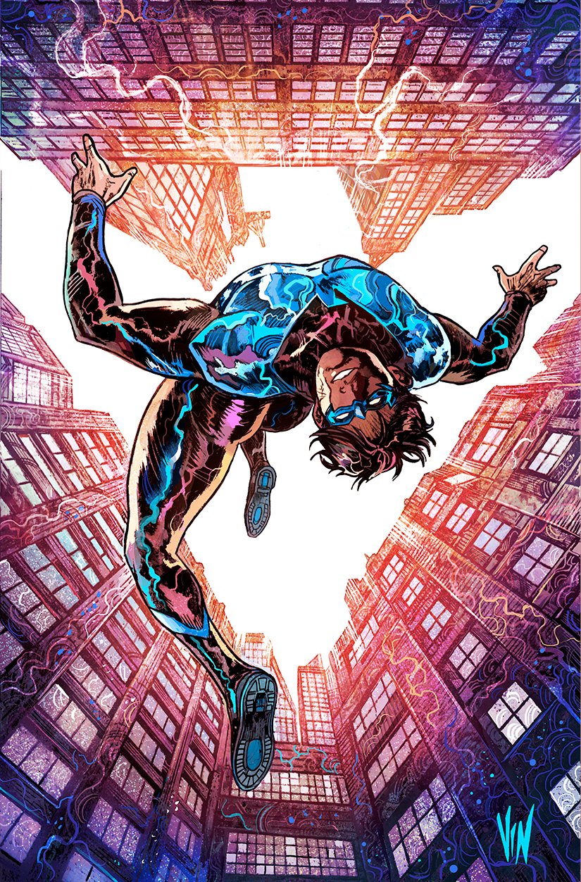 vinartwork, dick grayson, nightwing, batman (series), dc comics, highres, 1boy, artist name, backflip, black bodysuit, black hair, blue bodysuit, blue mask, bodysuit, building, city, cityscape, dynamic pose, full body, gymnastics, male focus, mask, multicolored bodysuit, muscular, outdoors, short hair, signature, sky, skyline, skyscraper, smile, solo, solo focus, superhero costume, taut bodysuit, two-tone bodysuit, western comics (style)