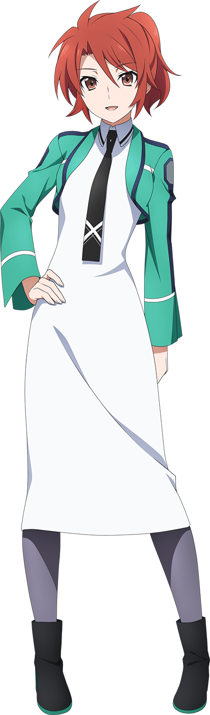 chiba erika, mahouka koukou no rettousei, artist request, highres, non-web source, official art, 1girl, black necktie, black pantyhose, blush, brown eyes, female focus, hand on own hip, necktie, open mouth, pantyhose, red hair, school uniform, short hair, smile, solo, square-end necktie, standing