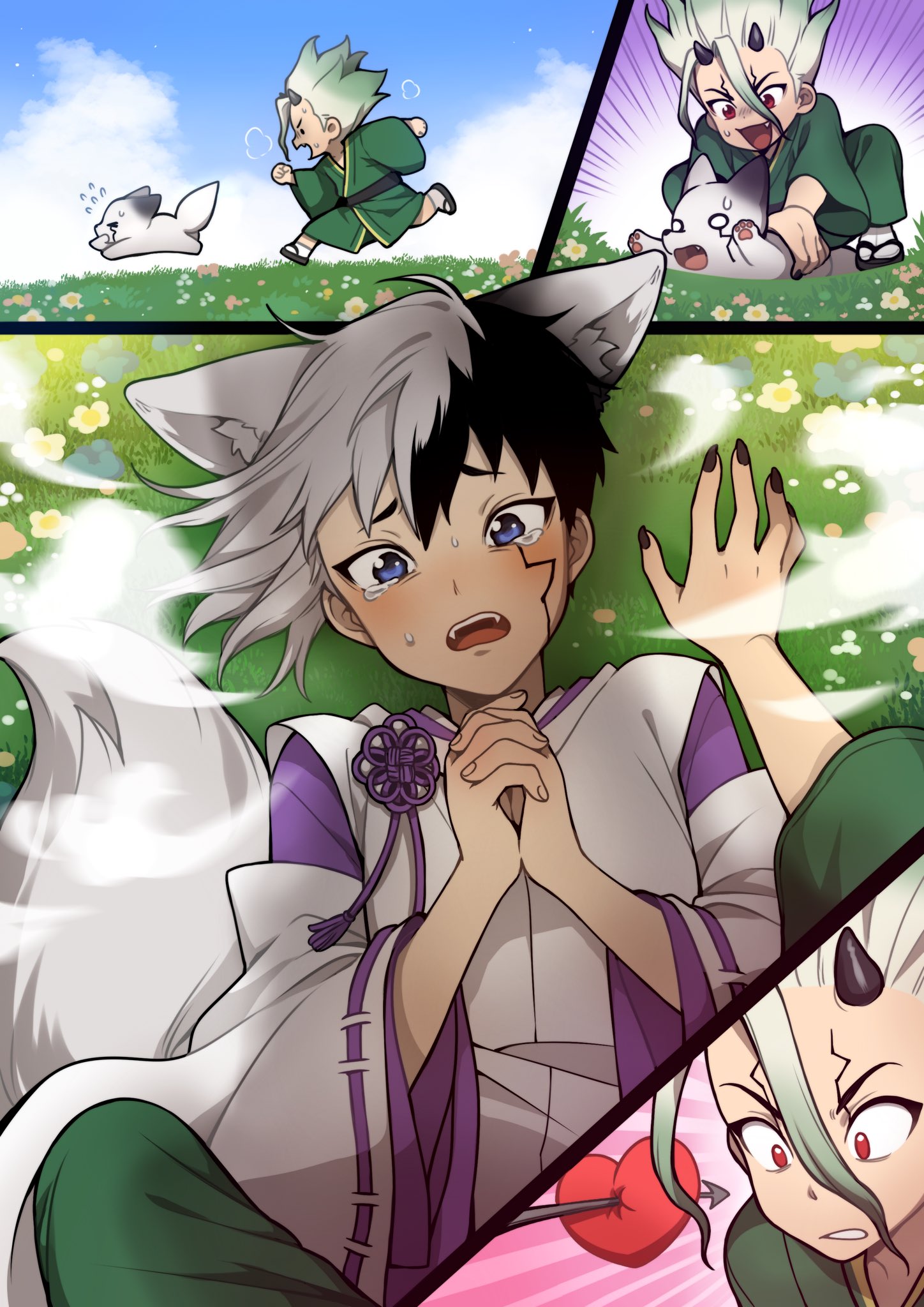 dcon 34, asagiri gen, ishigami senkuu, dr. stone, highres, animal, animal ears, black nails, blue eyes, blush, catching, crying, fox ears, fox tail, green hair, green kimono, holding, holding animal, japanese clothes, kimono, kitsune, magic, multicolored hair, on grass, oni, open mouth, praying, red eyes, tail, yaoi