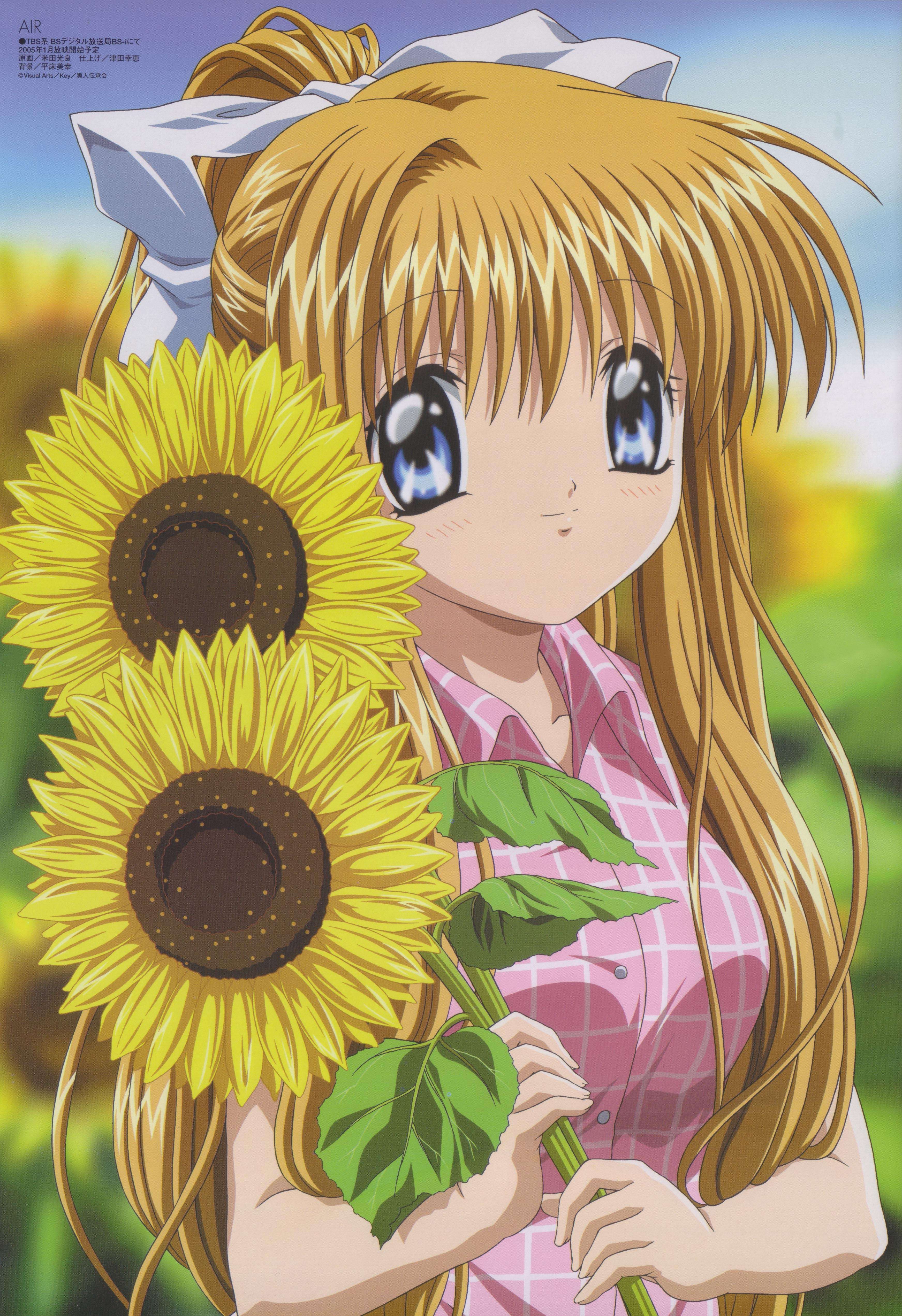 kamio misuzu, air (visual novel), absurdres, highres, scan, 00s, 1girl, female focus, flower, solo, sunflower
