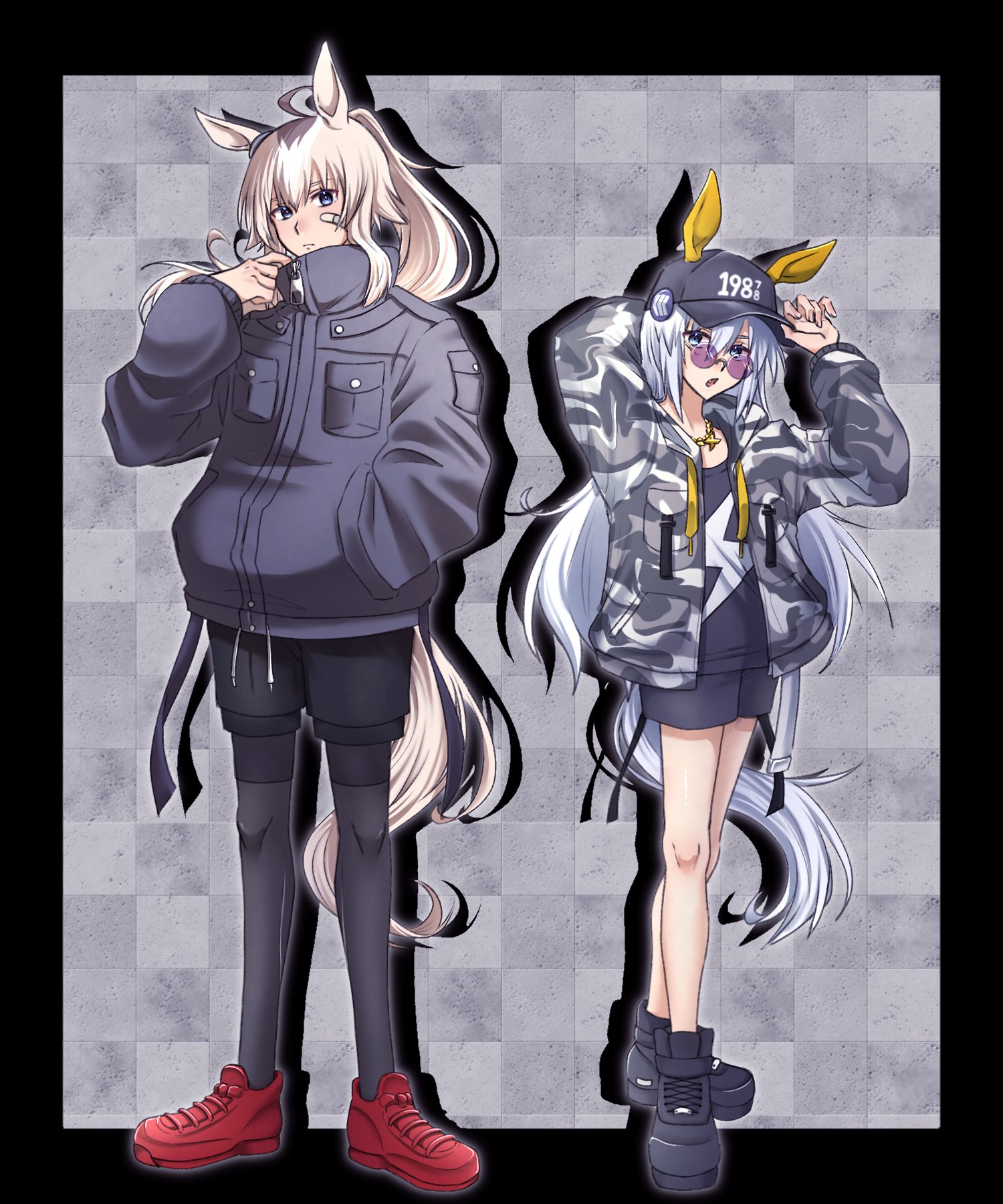 oguri cap (umamusume), tamamo cross (umamusume), umamusume, umamusume: cinderella gray, highres, 2girls, ahoge, alternate costume, animal ears, bandaid, bandaid on cheek, bandaid on face, baseball cap, black jacket, black leggings, black shirt, black shorts, blue eyes, closed mouth, ear covers, ear ornament, ears through headwear, grey hair, grey jacket, grey tail, hair between eyes, hat, horse ears, horse girl, horse tail, imymemine 777, jacket, leggings, leggings under shorts, lightning bolt print, lightning bolt symbol, long hair, long sleeves, looking at viewer, multicolored hair, multiple girls, open clothes, open jacket, open mouth, shirt, shoes, shorts, tail, very long hair