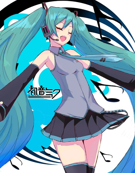 miyamoto issa, hatsune miku, vocaloid, bad id, bad pixiv id, 1girl, blue hair, closed eyes, female focus, flat chest, long hair, microphone, music, necktie, singing, skirt, solo, thigh gap, thighhighs, thighs, twintails, zettai ryouiki