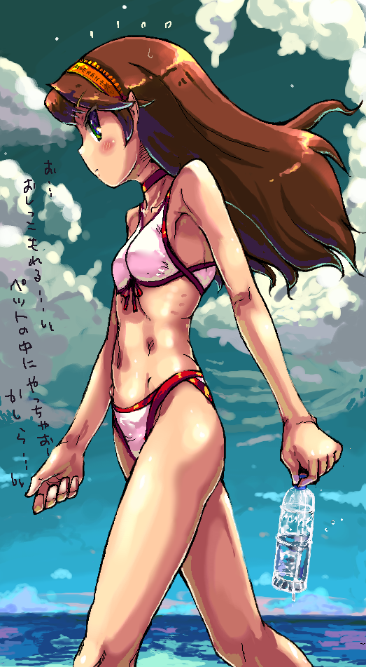 otter kawauso, bad id, bad pixiv id, translation request, bikini, blue eyes, bottle, bottled water, brown hair, choker, day, long hair, pink bikini, solo, swimsuit, water bottle