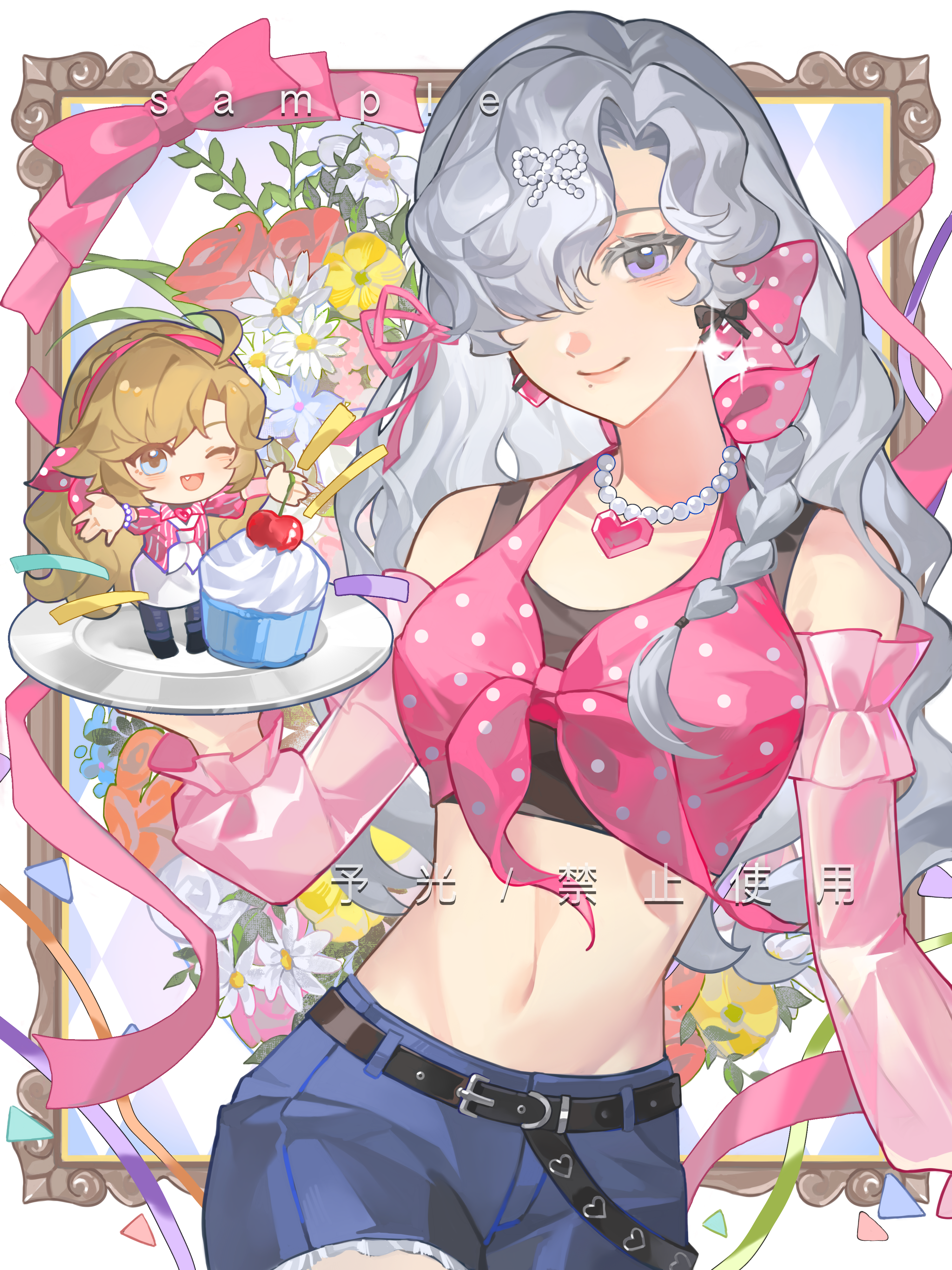 vila (reverse:1999), windsong (reverse:1999), reverse:1999, absurdres, highres, 2girls, ;d, alternate costume, bare shoulders, belt, black belt, black sports bra, blonde hair, blue eyes, blue flower, blue shorts, bow, cherry, chibi, chibi inset, cupcake, detached sleeves, floral background, flower, food, fruit, grey hair, hair bow, hair over one eye, holding, holding plate, jewelry, long hair, midriff, mini person, minigirl, multiple girls, navel, necklace, one eye closed, one eye covered, open mouth, outstretched arms, pearl necklace, picture frame, pink bow, pink sleeves, pink tank top, plate, polka dot, polka dot bow, purple eyes, red flower, sample watermark, shorts, smile, sports bra, spread arms, tank top, tied tank top, upper body, watermark, white flower, yellow flower, yuguang