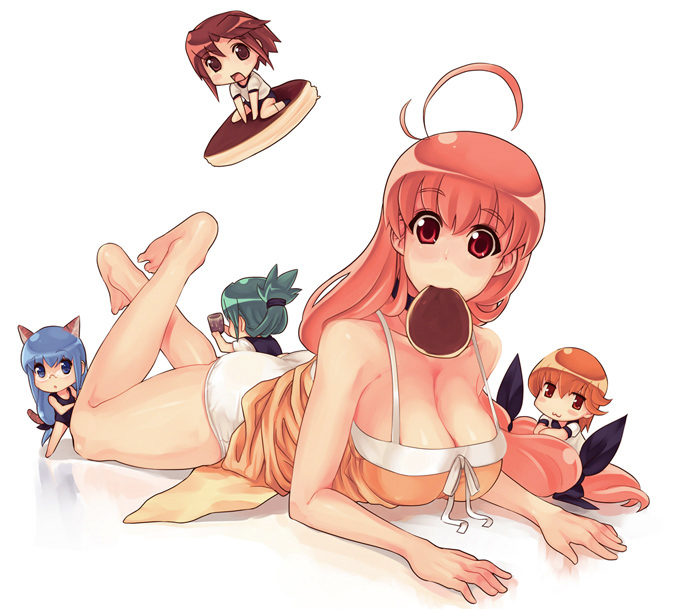 rkrk, sphie, magical antique, bad id, bad pixiv id, 5girls, ahoge, animal ears, barefoot, breasts, chibi, cleavage, feet, food, glasses, long hair, low-tied long hair, lying, mini person, minigirl, mouth hold, multiple girls, pancake, panties, pink hair, red eyes, tail, underwear, white panties